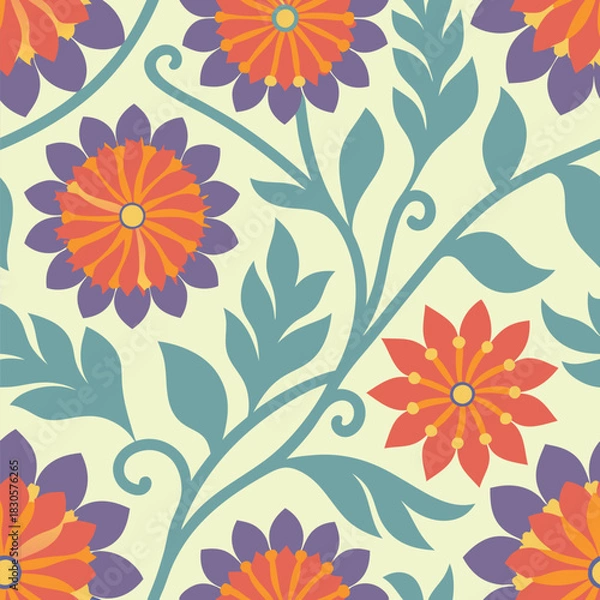 Obraz Seamless Floral Pattern Featuring Colorful Flowers and Leaves on Light Yellow Art