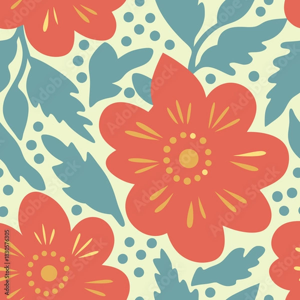 Obraz Seamless pattern with flowers and leaves in vintage style with vector illustration