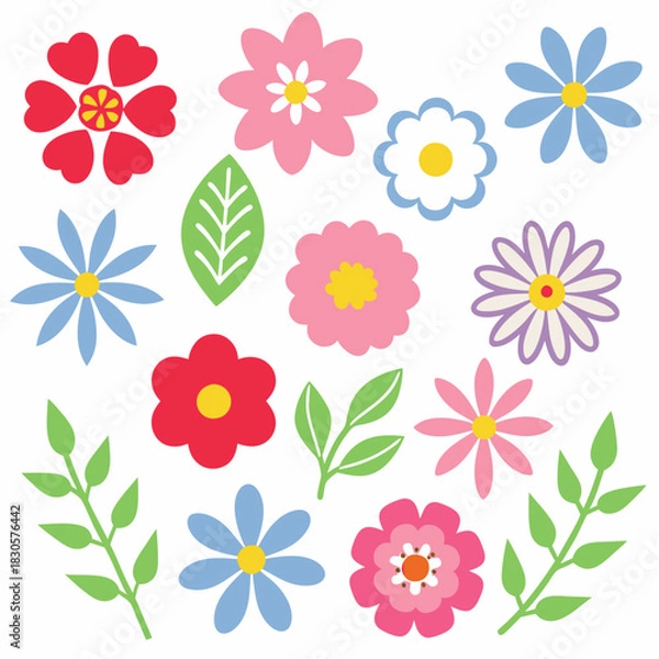 Obraz Vector floral set with blossom flowers and leaves in minimalist style for design