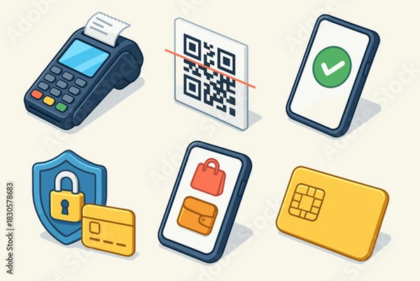 Fototapeta Contactless payment and security icons featuring qr code and mobile wallet