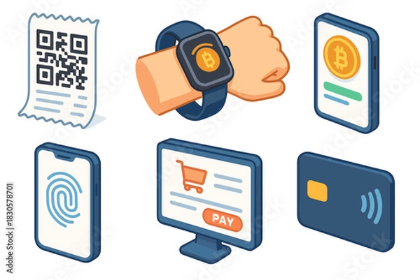 Fototapeta Digital payment icons featuring bitcoin smartwatch and mobile transactions