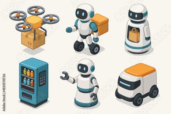 Fototapeta Set of cute delivery robots and vending machine in isometric style