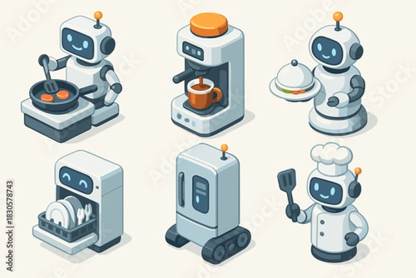 Fototapeta Cute cooking robots and appliances set in kitchen scene
