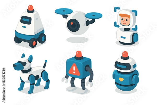 Fototapeta Collection of six cartoon robots featuring dog bot, drone, and humanoid