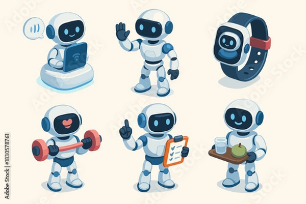 Fototapeta Cute robots engaging in various activities including exercise and serving