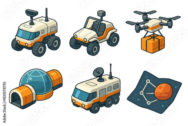 Fototapeta Futuristic rover vehicles and drone on mars with habitat and map