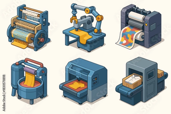 Fototapeta Collection of isometric industrial machines for fabric and material processing