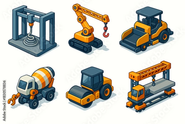 Fototapeta Isometric construction vehicles and machinery set with crane, bulldozer, mixer, compactor