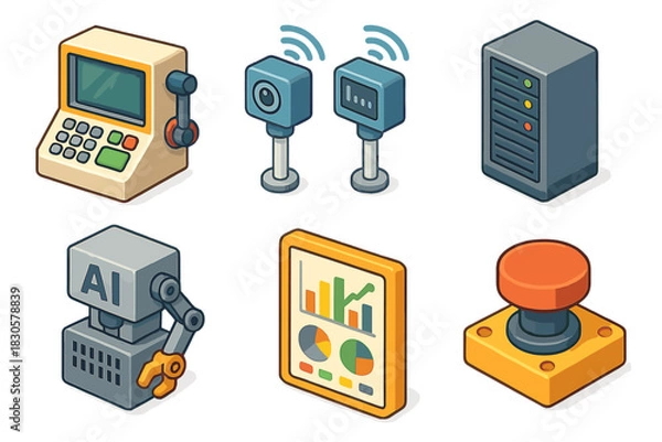Fototapeta Isometric technology icons featuring ai, analytics, and server equipment