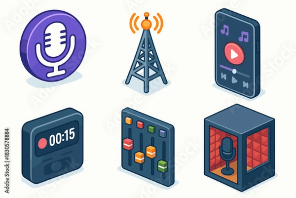 Fototapeta Isometric audio and broadcasting icons featuring microphone antenna music player timer mixer sound booth