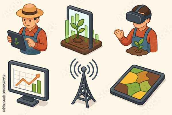 Fototapeta Innovative agriculture technology: caucasian male using vr and tablets for smart farming