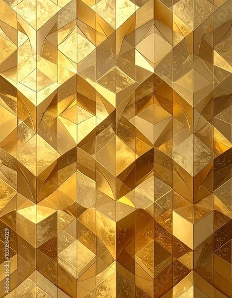 Obraz Close-up of intricate geometric design with golden hue, showcasing triangular and cuboidal shapes. The light creates shadow and depth