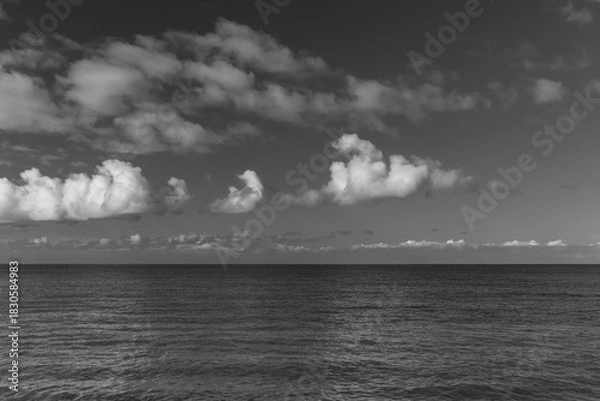 Fototapeta Clouds above calm open water in black and white