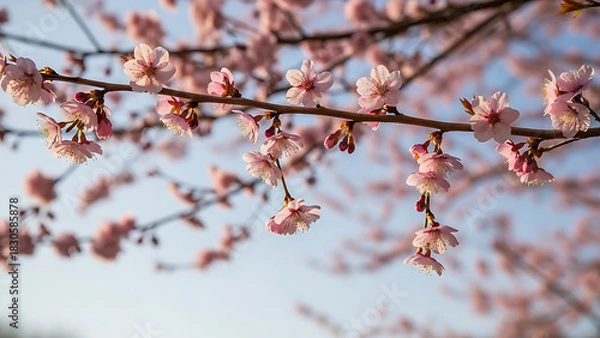 Fototapeta Delicate pink cherry blossom flowers blooming on a tree branch