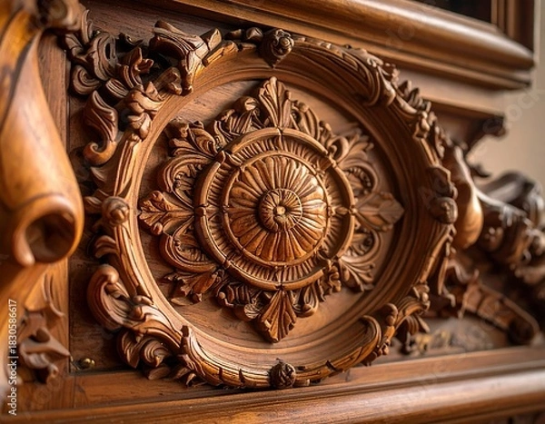 Obraz Close-up of intricately carved, floral wood embellishment, featuring a circular medallion and elaborate scrollwork