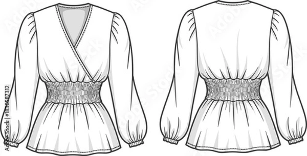Fototapeta Elegant long-sleeve wrap blouse fashion flat sketch with shirred waist, gathered sleeves, peplum hem, and detailed front and back technical illustration.