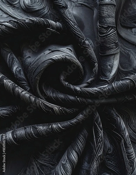 Obraz Close-up of intricately patterned, flowing, dark, and textured material. The twisting folds create a spiral effect with light and shadow