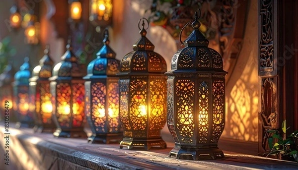 Obraz Close-up of intricately patterned lanterns, glowing warmly in sunlight