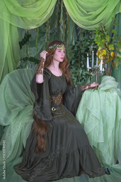 Fototapeta An elven story. A girl with long hair in a magical forest studio