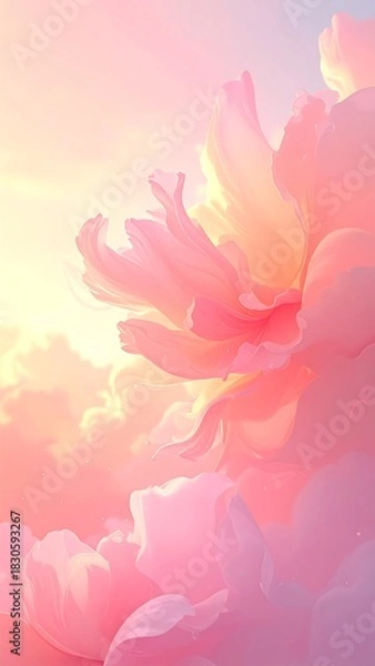 Obraz Close-up of large pink floral blooms in a soft, dreamy style, bathed in warm light with a hint of sky peeking through