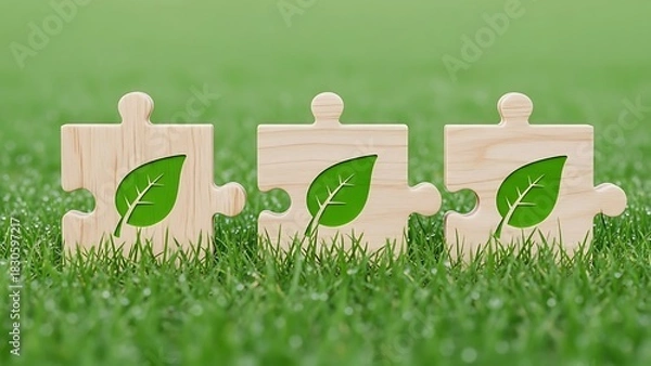 Fototapeta Three wooden puzzle pieces with green leaf cutouts on lush green grass jigsaw
