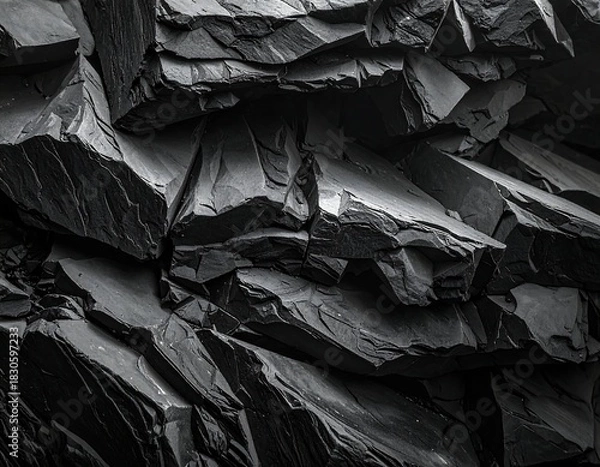 Obraz Close-up of layered, dark-grey rock formation with sharp edges