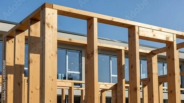 Fototapeta Wooden frame structure of a building under construction against blue sky timber