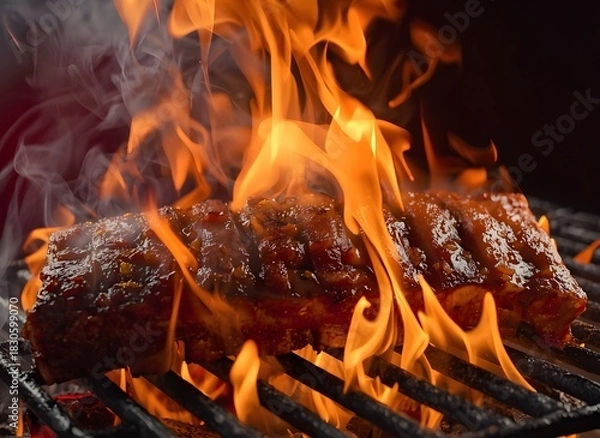 Obraz Blazing Barbecue Pork Ribs on Flaming Grill — Premium Close-Up Food Photography
