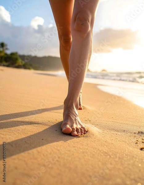 Obraz Close-up of legs walking on sandy beach. The sun casts a golden glow, highlighting the feet and lower legs. A sense of freedom