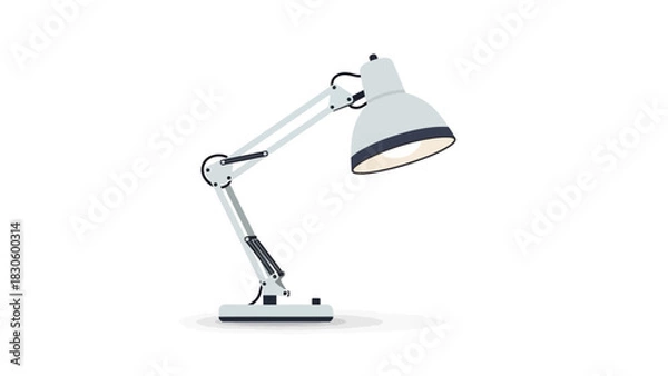Obraz Modern desk lamp. Adjustable arm lamp. Silver metal lamp. White background. Lighting fixture. Table lamp. Office lamp. Desk lighting.