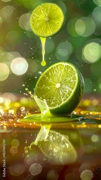 Obraz Close-up of lime halves, one floating as juice drips. A splash of lime juice refracts with blurred bokeh effect