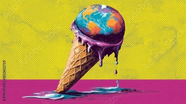 Obraz Melting ice cream cone earth scoop climate change environmental concept colorful surreal yellow background pink surface dripping global warming emotional