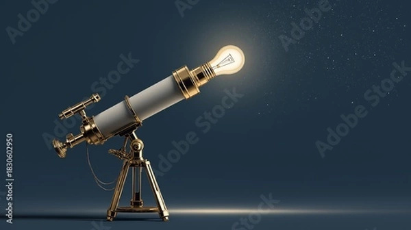 Obraz Telescope lightbulb creativity innovation imagination gold science astronomy surreal night. gold telescope with glowing lightbulb instead of lens symbolizes creativity and innovation science set