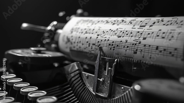 Fototapeta Typewriter with musical notes on paper close up black and white vintage style creative concept poetic rhythm artistic inspiration nostalgic mood selective focus dramatic lighting
