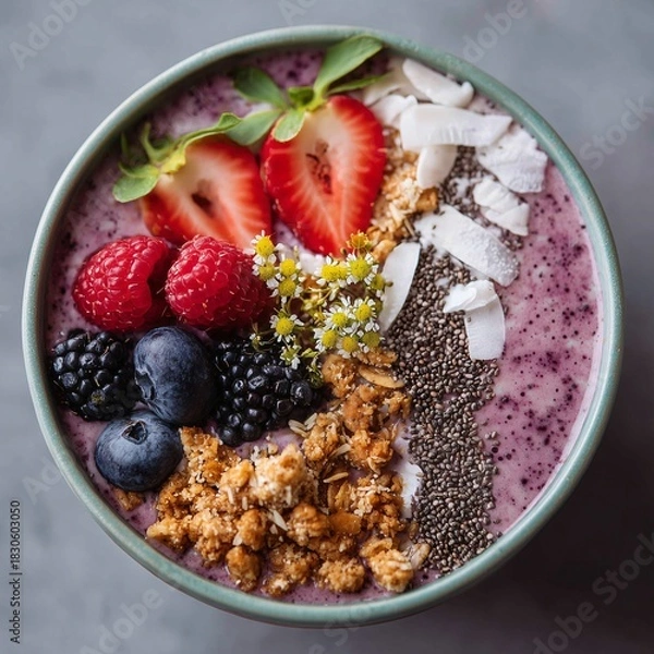 Obraz Smoothie bowl with strawberry raspberry blueberry blackberry granola coconut chia seed and edible flower arranged beautifully for healthy breakfast