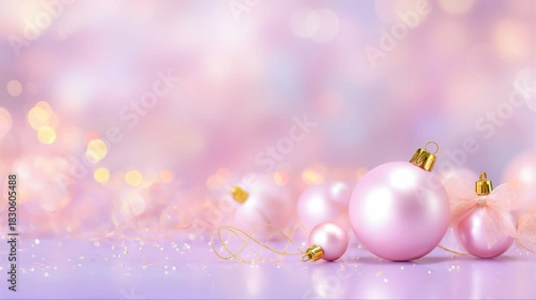 Obraz パステルピンクの背景に輝くクリスマスオーナメントと幻想的なボケ