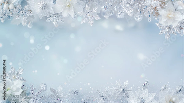Obraz 淡いブルーの背景に輝く雪の結晶と白い花で飾られた美しい冬のフレーム