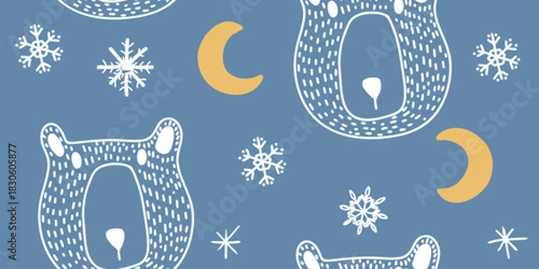Obraz Whimsical Winter Bear and Snowflake Pattern with Crescent Moons