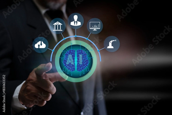 Obraz Businessman with AI Learning and Artificial intelligent. futuristic robot technology development, artificial intelligence AI, and machine learning concept.