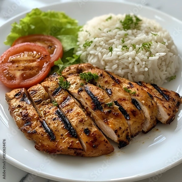 Fototapeta Photo of grilled chicken served with fluffy rice, fresh tomatoes, and lettuce garnish