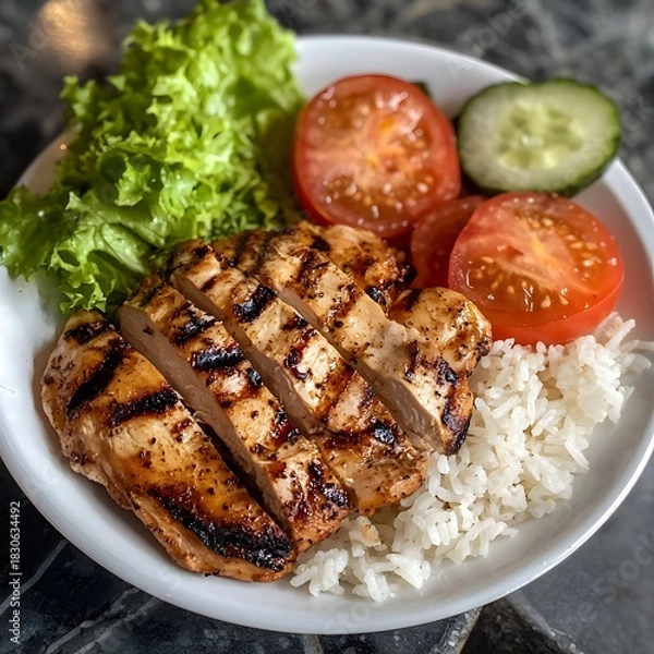 Fototapeta Photo of grilled chicken served with fluffy rice, fresh tomatoes, and lettuce garnish