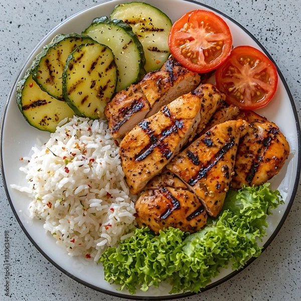 Fototapeta Photo of grilled chicken served with fluffy rice, fresh tomatoes, and lettuce garnish