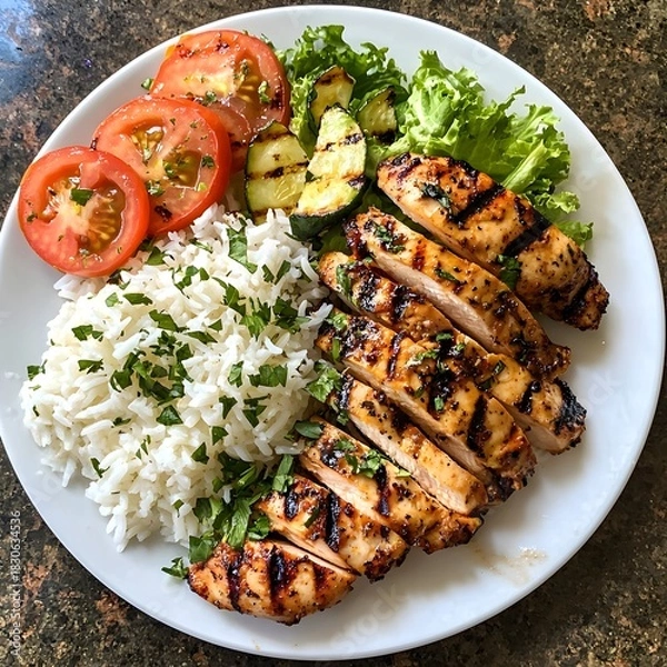 Fototapeta Photo of grilled chicken served with fluffy rice, fresh tomatoes, and lettuce garnish