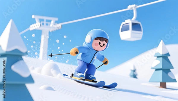 Obraz Cute Skier Racing Through a Blue and White Winter Scene