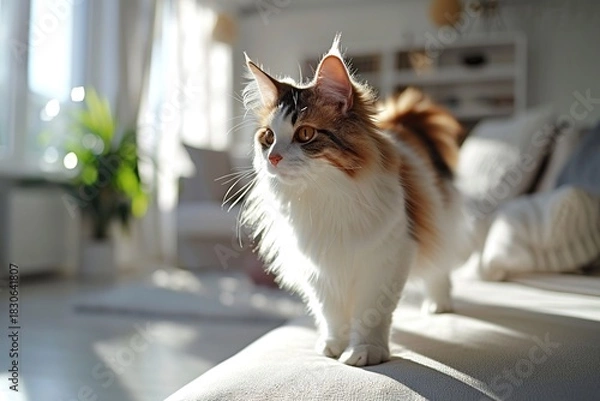 Fototapeta cat with long white fur and orange and brown markings stands on couch. cat is looking at camera and couch is in living room