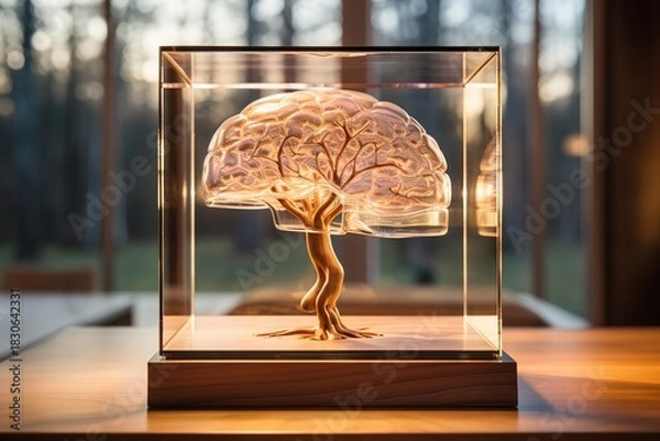 Fototapeta close-up glowing brain tree is in glass case. brain tree is unique and interesting piece of art