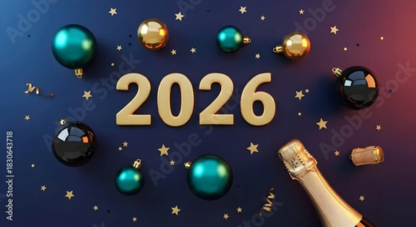 Obraz Vibrant 2026 New Year Celebration with Golden Numbers, Sparkling Ornaments, and Festive Decor on a Deep Blue Background, Symbolizing Anticipation and Joy