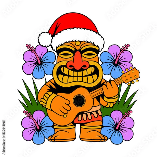 Fototapeta Festive Tiki Santa Playing Ukulele with Tropical Flowers Illustration