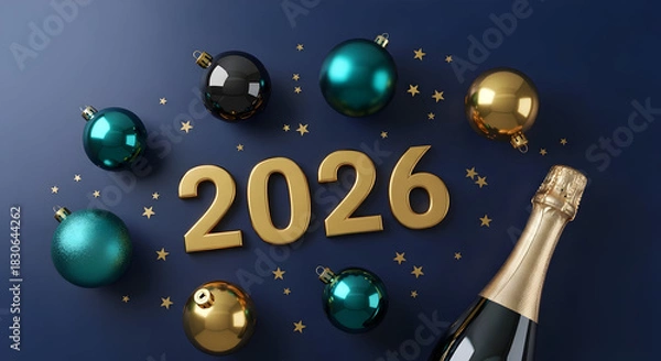 Obraz Elegant Golden 2026 New Year celebration with festive ornaments and sparkling champagne on a sophisticated dark blue background, symbolizing future prosperity and joy