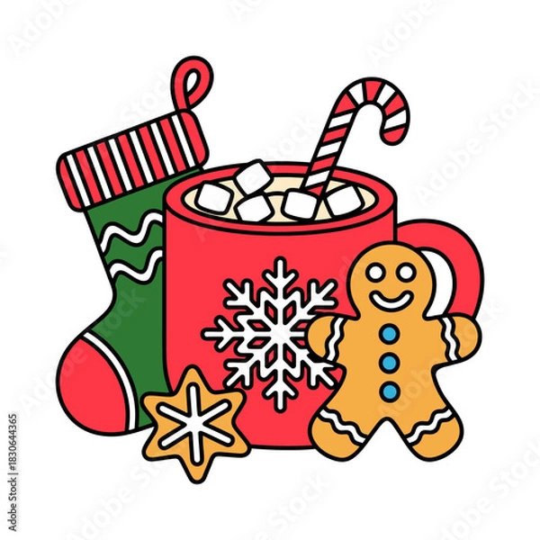 Fototapeta Cozy Christmas Mug with Marshmallows Stocking and Gingerbread Cookie Illustration